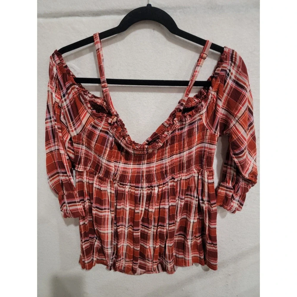 Torrid 00 Large Rust Plaid‎ Cold Shoulder Smocked Blouse Button Detail Rayon Top